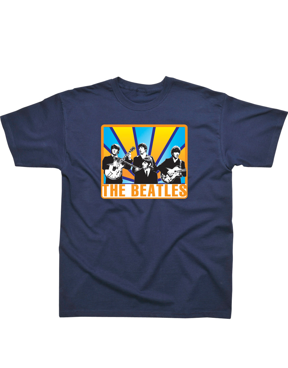 The Beatles sunbeam graphic on a navy blue adult t-shirt.