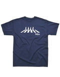The Beatles Abbey Road silhouette graphic on a navy blue adult t-shirt.
