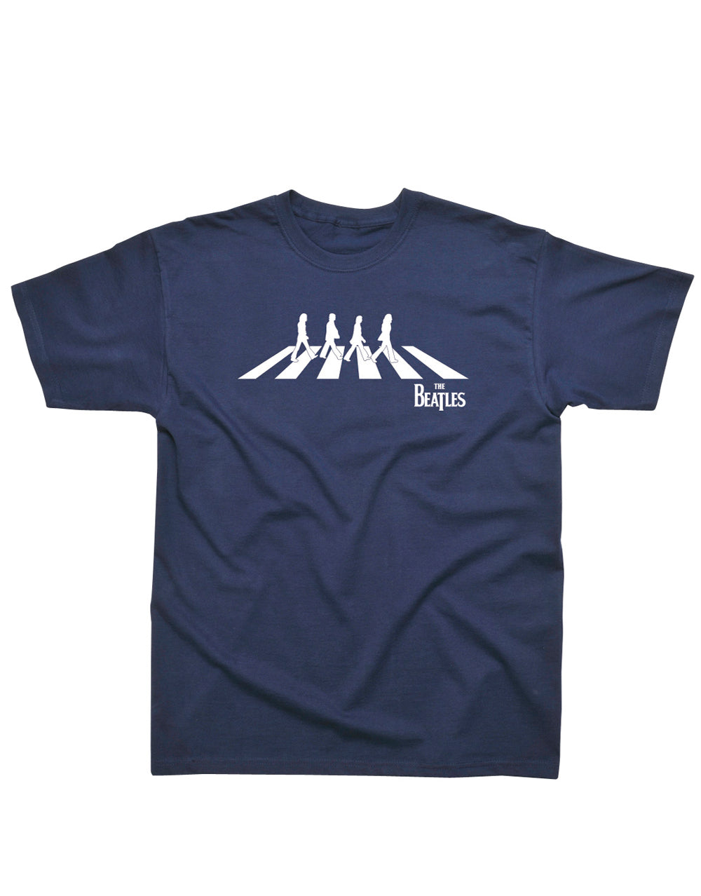 The Beatles Abbey Road silhouette graphic on a navy blue adult t-shirt.