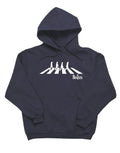 The Beatles Abbey Road silhouette graphic on a navy blue adult hoodie.