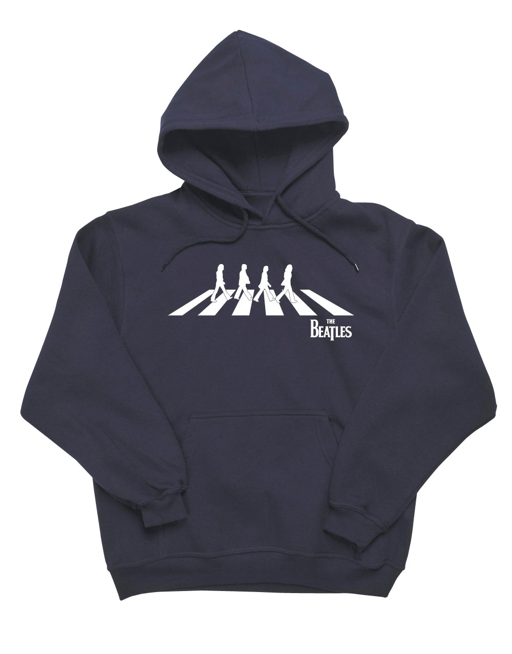 The Beatles Abbey Road silhouette graphic on a navy blue adult hoodie.