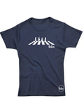 The Beatles Abbey Road silhouette graphic on a navy blue women's t-shirt.