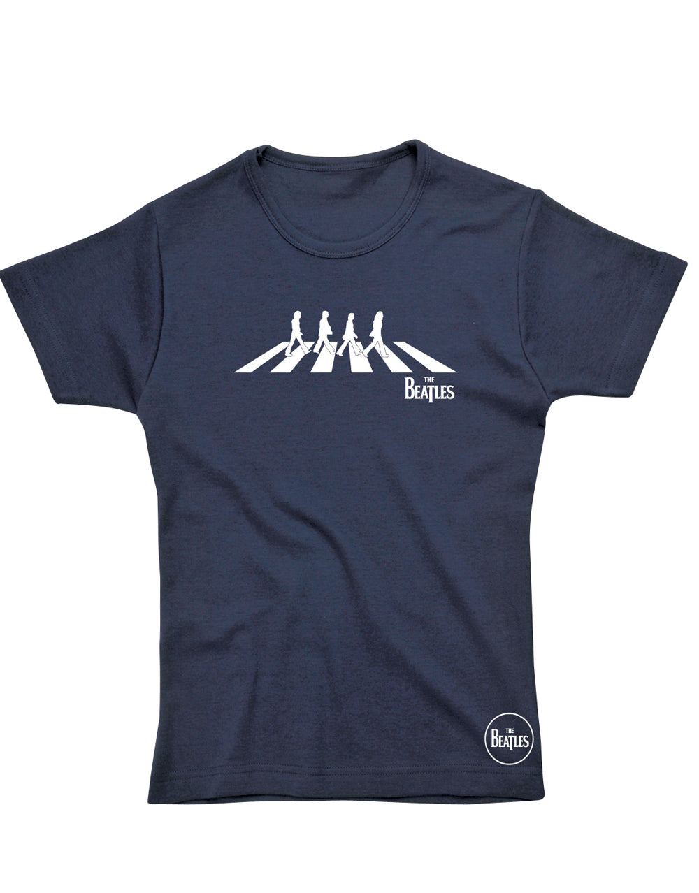 The Beatles Abbey Road silhouette graphic on a navy blue women's t-shirt.