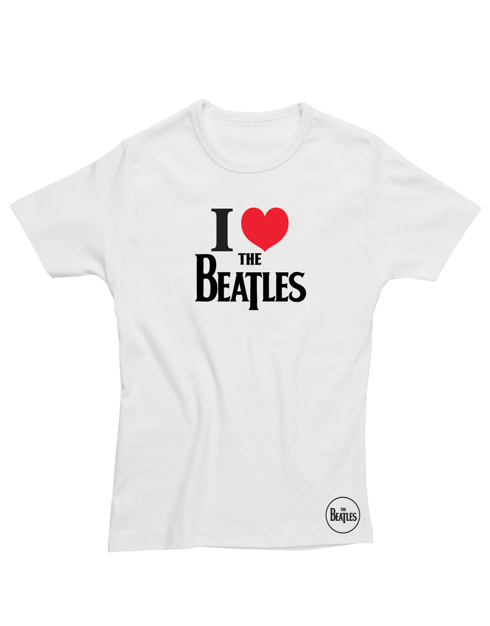 The Beatles I love The Beatles graphic on a white women's t-shirt.