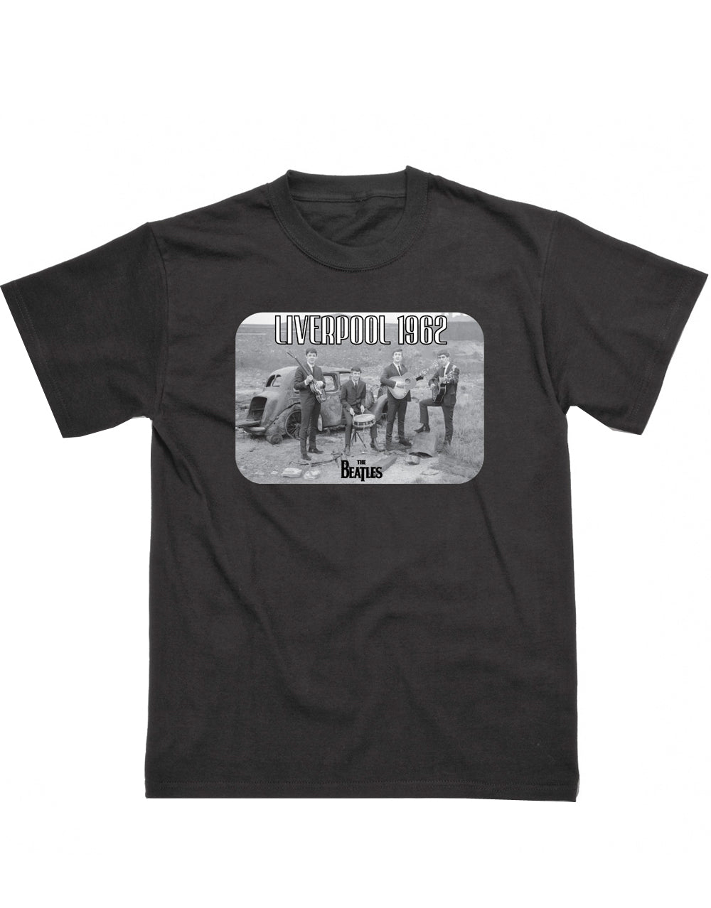The Beatles Liverpool 1962 graphic on a black adult t-shirt.