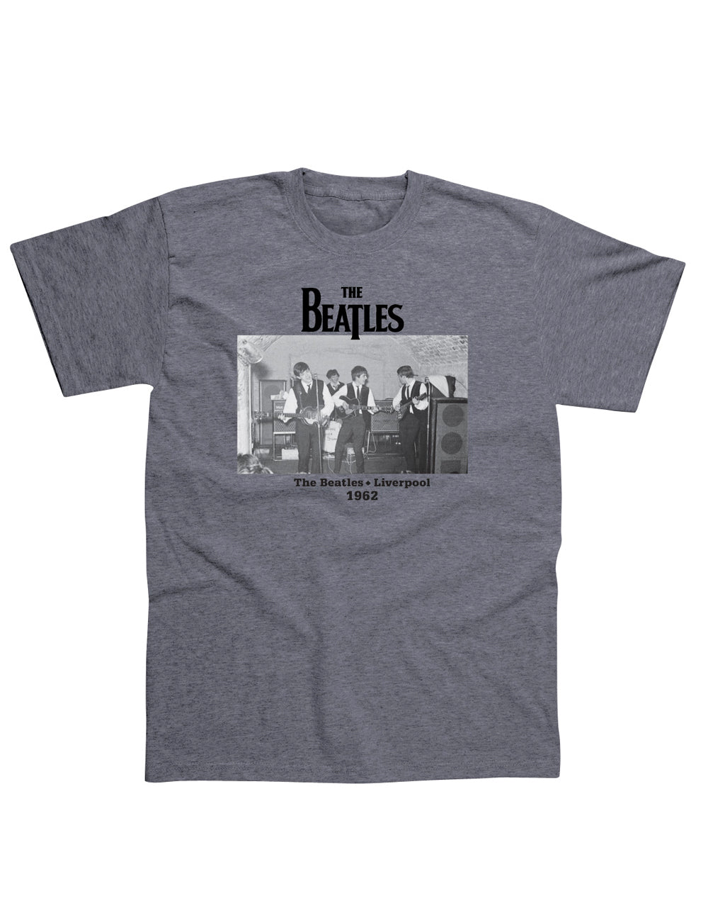 The Beatles Cavern graphic on a grey adult t-shirt.