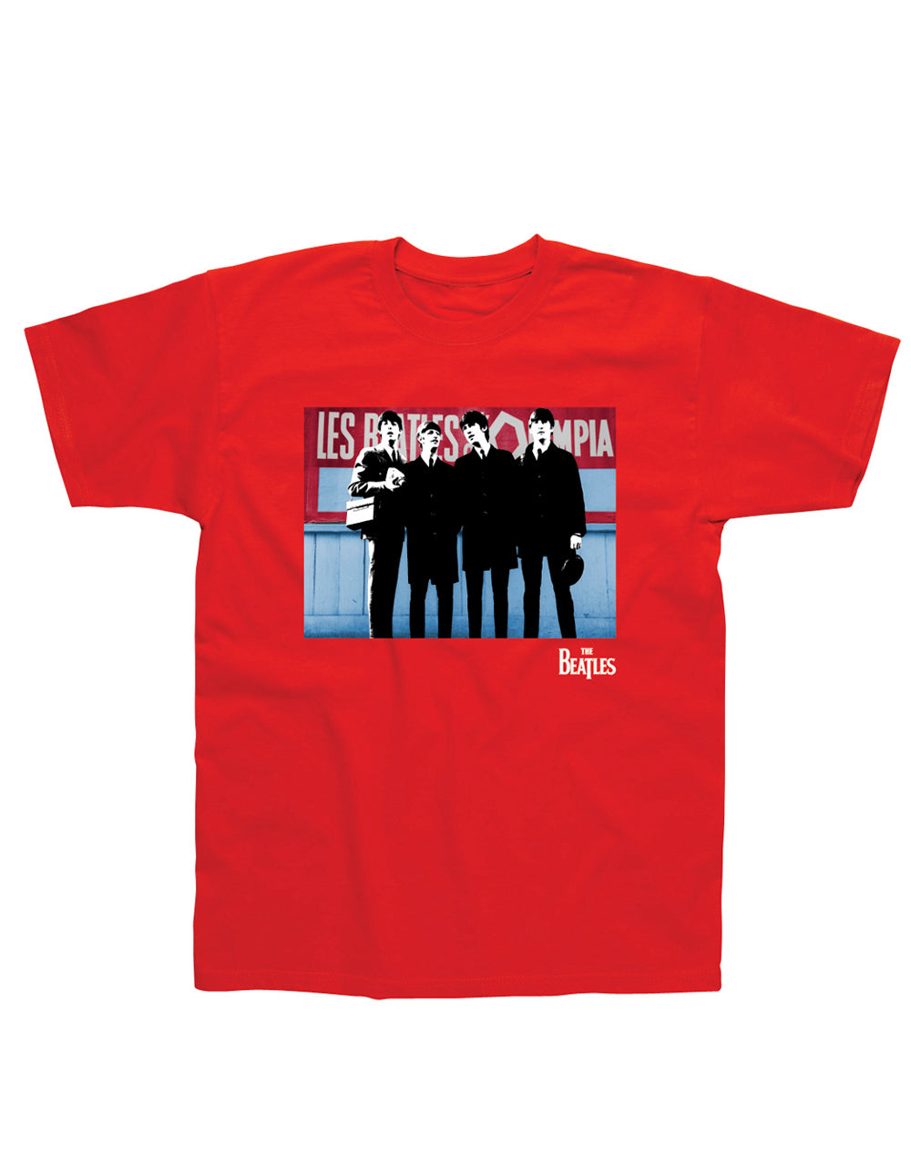 The Beatles les Beatles graphic on a red adult t-shirt.