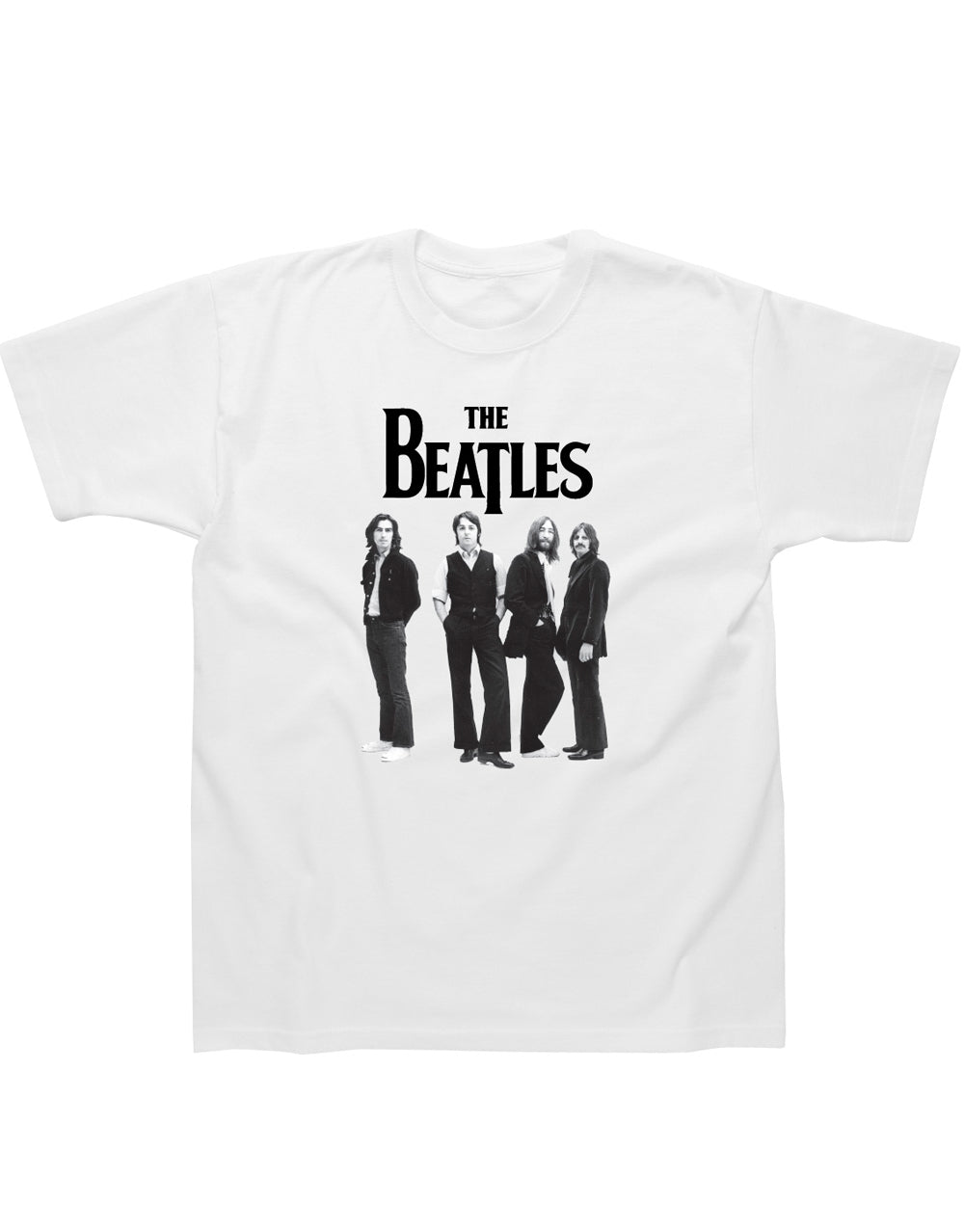 The Beatles standing graphic on a white adult t-shirt.