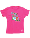 The Beatles all you need is love graphic on a cerise women's t-shirt.