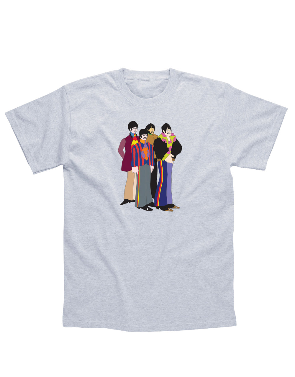 The Beatles Yellow Submarine characters graphic on a heathered grey adult t-shirt.