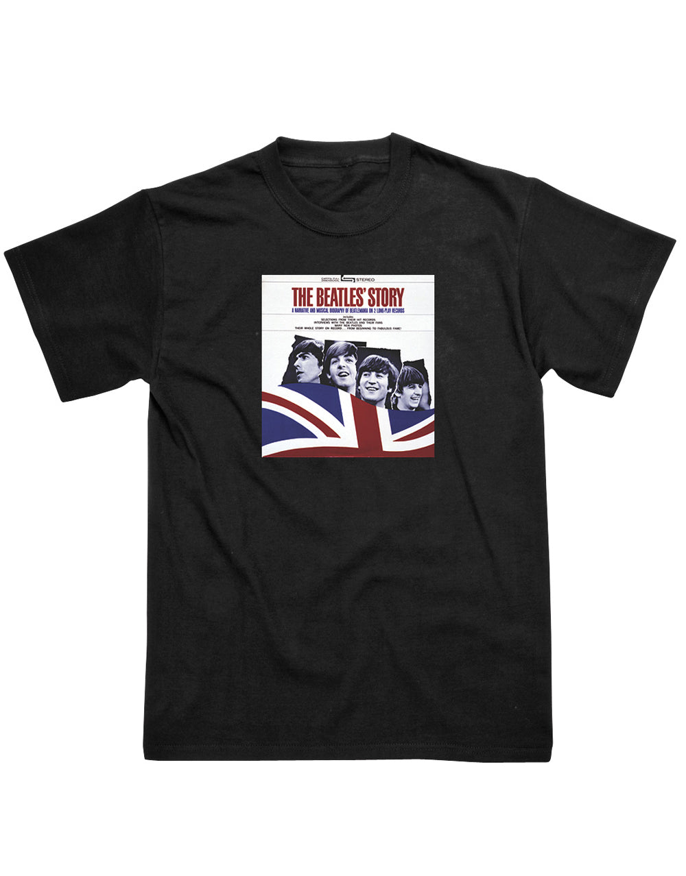 The Beatles story graphic on a black adult t-shirt.