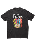 The Beatles Sgt. Pepper distressed graphic on a black adult t-shirt.