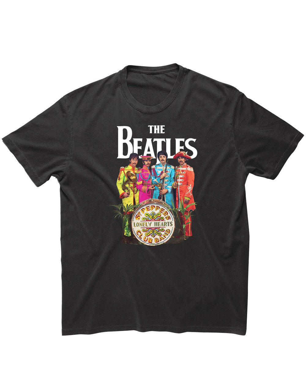 The Beatles Sgt. Pepper distressed graphic on a black adult t-shirt.