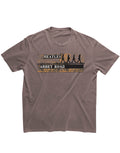 The Beatles Abbey Road distressed graphic on a brown adult t-shirt.
