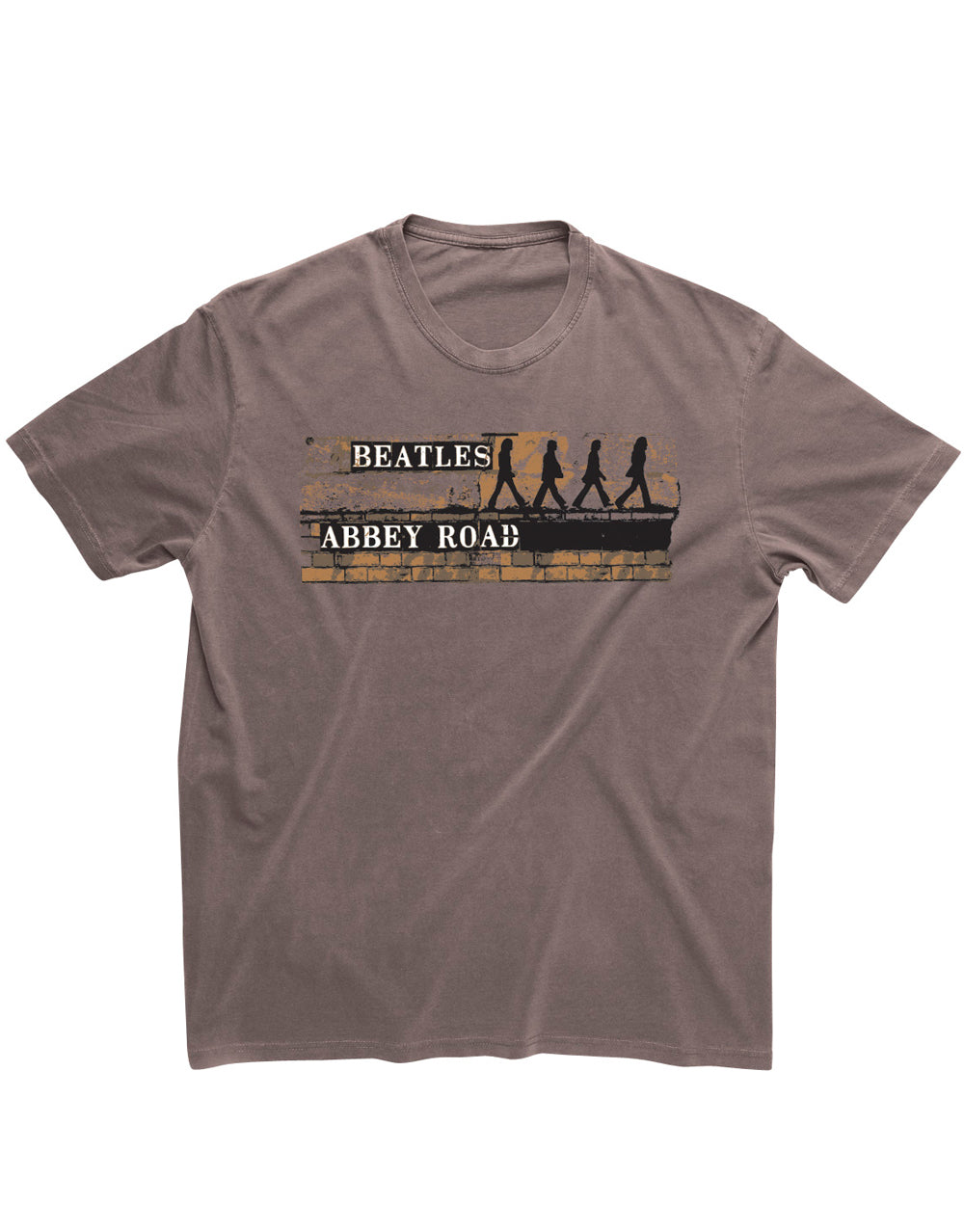 The Beatles Abbey Road distressed graphic on a brown adult t-shirt.