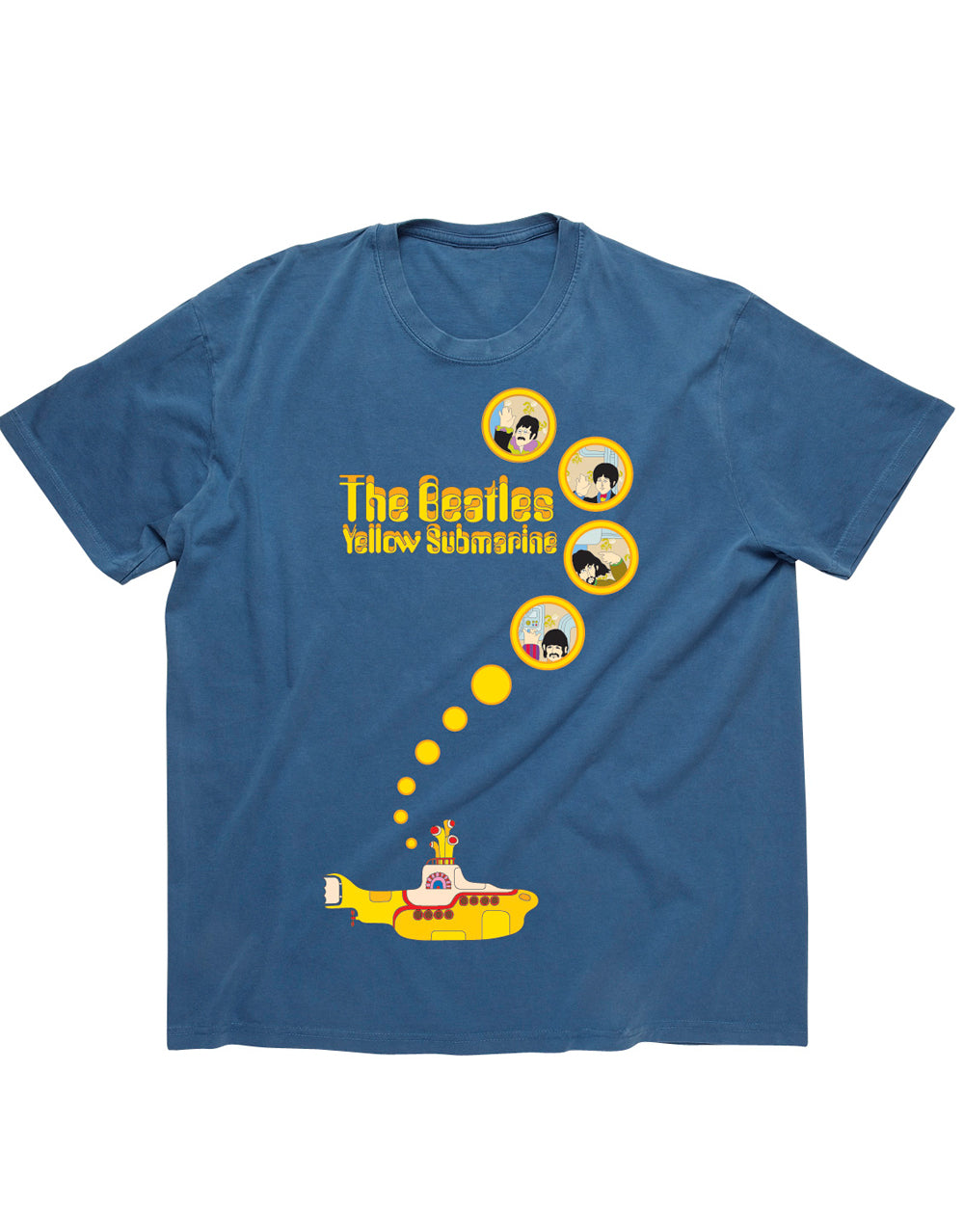 The Beatles Yellow Submarine distressed graphic on a blue adult t-shirt.
