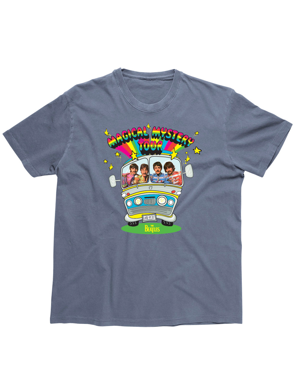 The Beatles mystery tour graphic on a grey adult t-shirt.