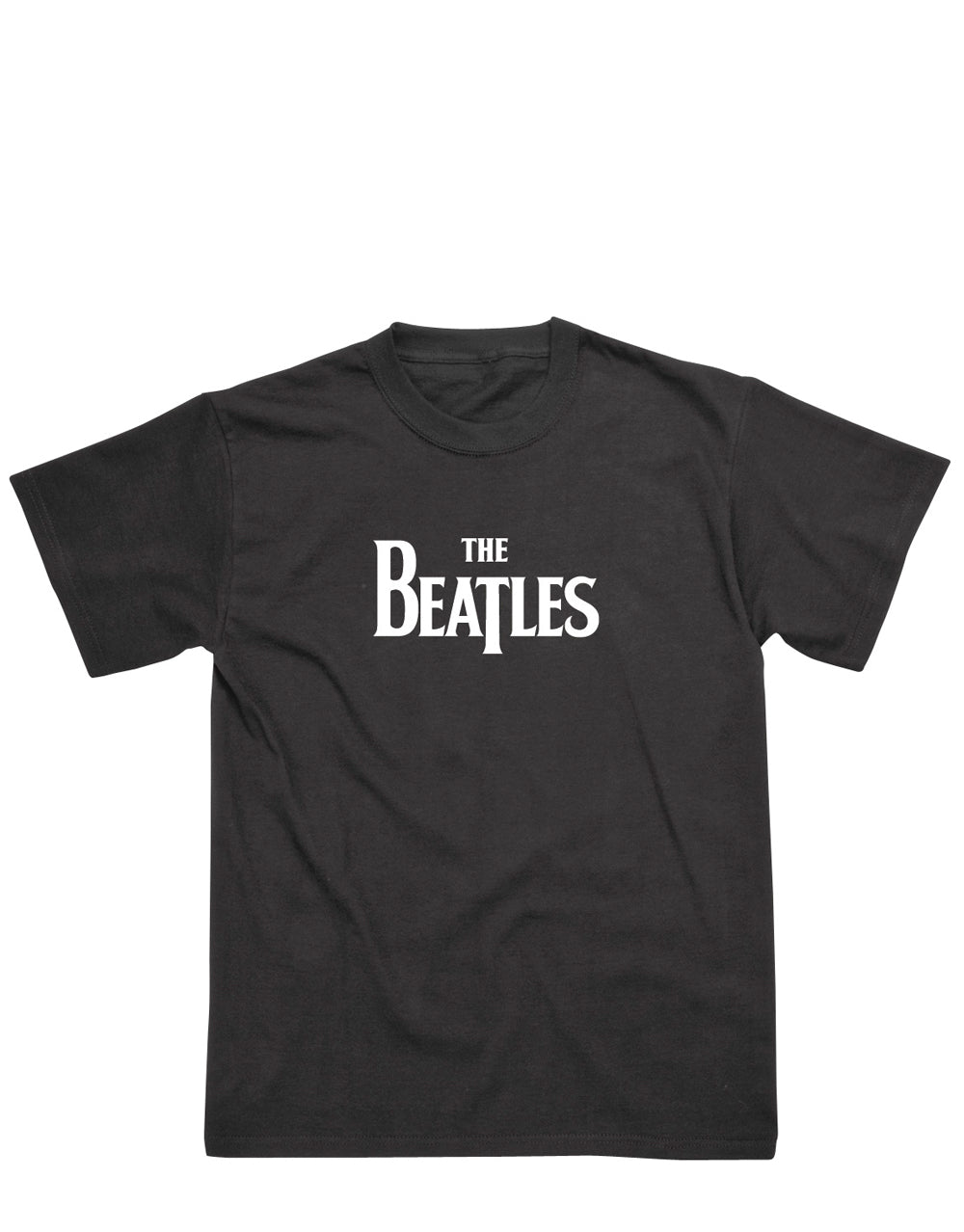 The Beatles logo graphic on a black kids t-shirt.