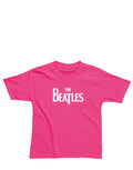 The Beatles logo graphic on a pink kids t-shirt.