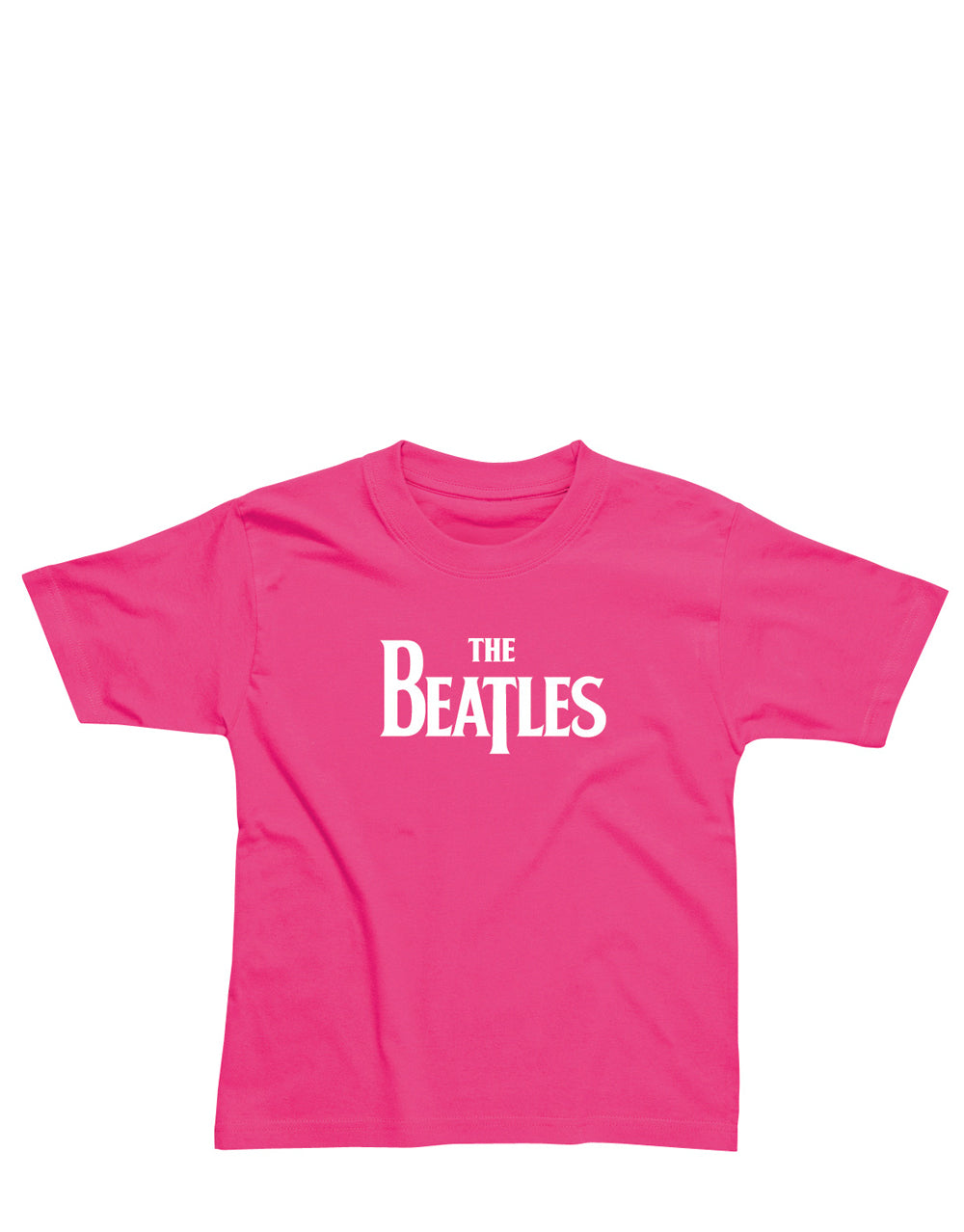 The Beatles logo graphic on a pink kids t-shirt.
