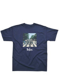 The Beatles Abbey Road graphic on a navy blue kids t-shirt.