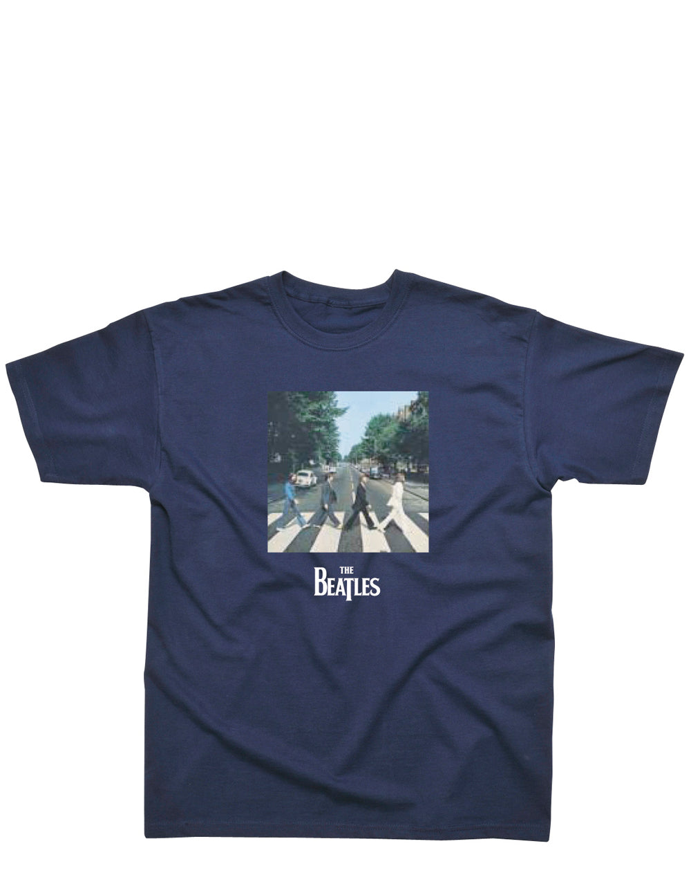 The Beatles Abbey Road graphic on a navy blue kids t-shirt.