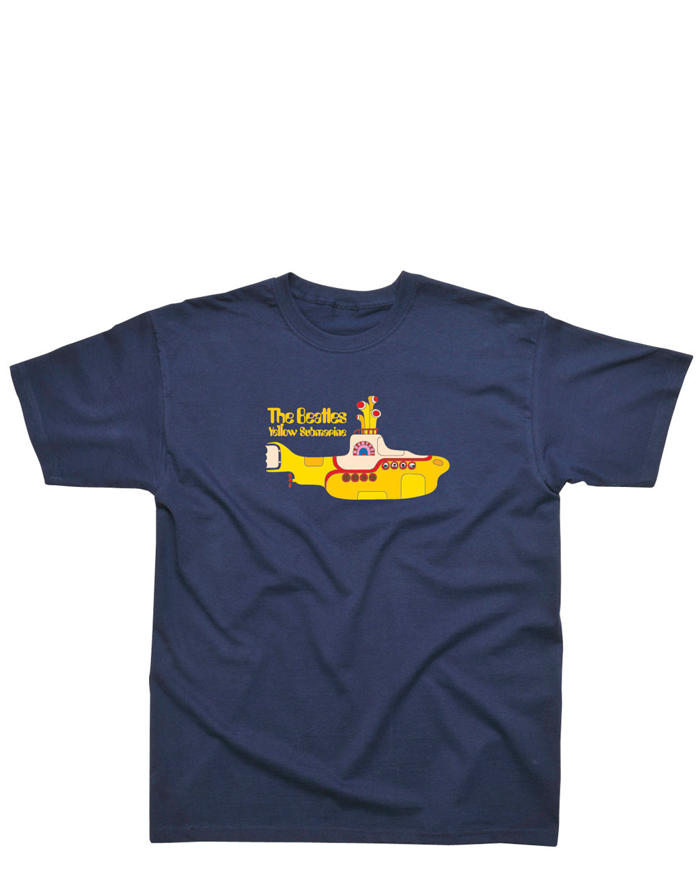 The Beatles Yellow Submarine graphic on a navy blue kids t-shirt.