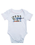 The Beatles logo graphic on a white and pink baby girl bodysuit.