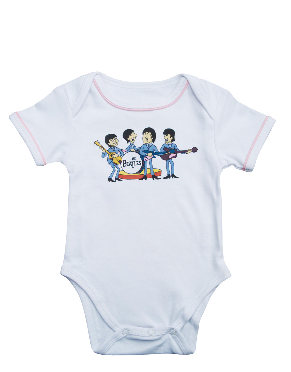 The Beatles logo graphic on a white and pink baby girl bodysuit.