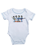 The Beatles logo graphic on a white and blue baby boy bodysuit.