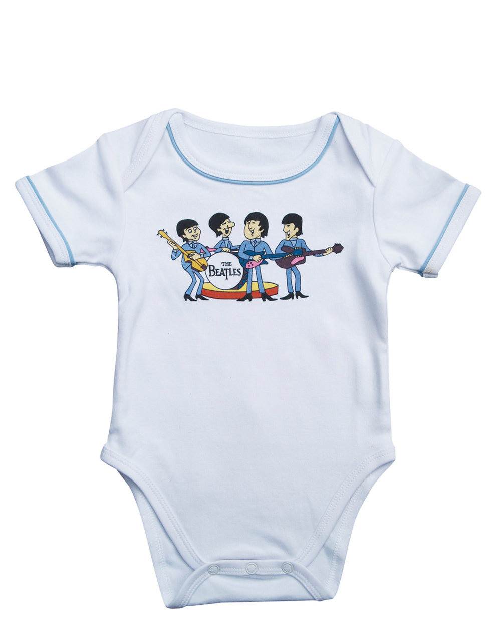 The Beatles logo graphic on a white and blue baby boy bodysuit.