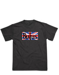 The Beatles Union Jack graphic on a black kids t-shirt.
