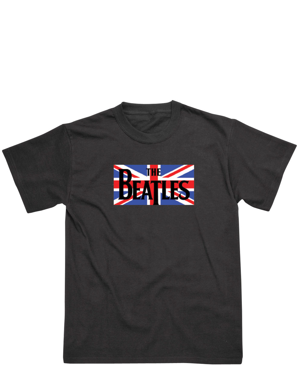 The Beatles Union Jack graphic on a black kids t-shirt.