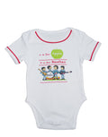 The Beatles apple graphic on a white and red baby bodysuit.