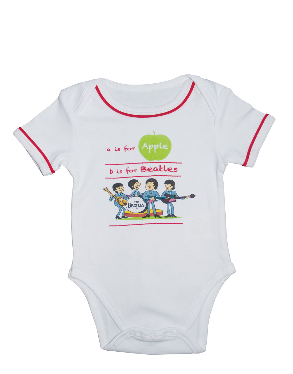 The Beatles apple graphic on a white and red baby bodysuit.