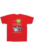 The Beatles A is for Apple graphic on a red kids t-shirt.