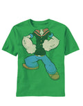 Popeye bring it on costume graphic on a green adult t-shirt.