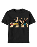 Popeye abbey road graphic on a black adult t-shirt.