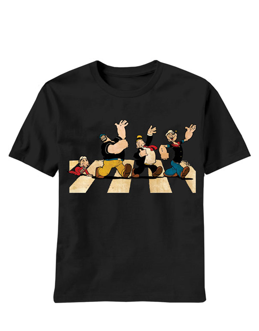 Popeye abbey road graphic on a black adult t-shirt.