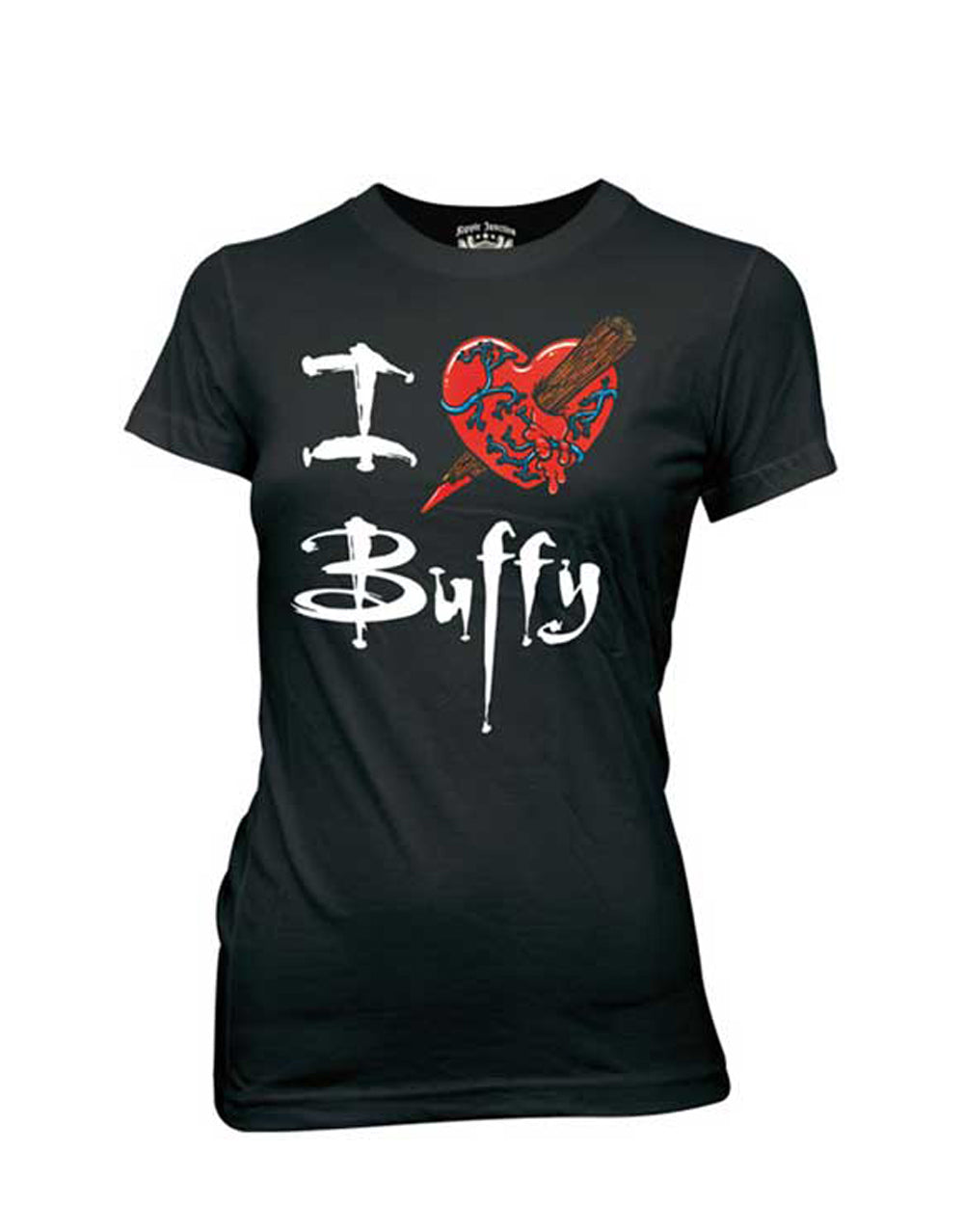 I heart Buffy graphic on a black women's t-shirt.