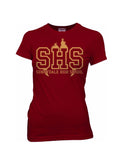 Sunnydale graphic on a maroon women's t-shirt.