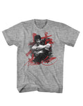 Bruce Lee wha-taaa graphic on a heathered grey adult t-shirt.