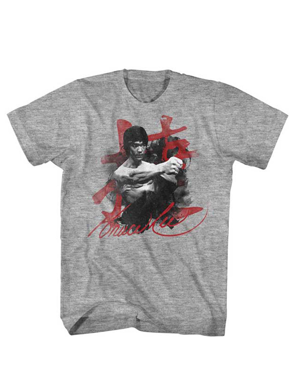 Bruce Lee wha-taaa graphic on a heathered grey adult t-shirt.