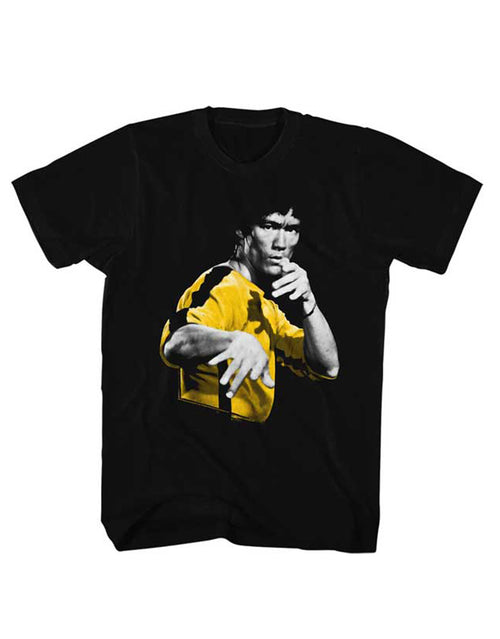 Bruce Lee game of death hooowah graphic on a black adult t-shirt.