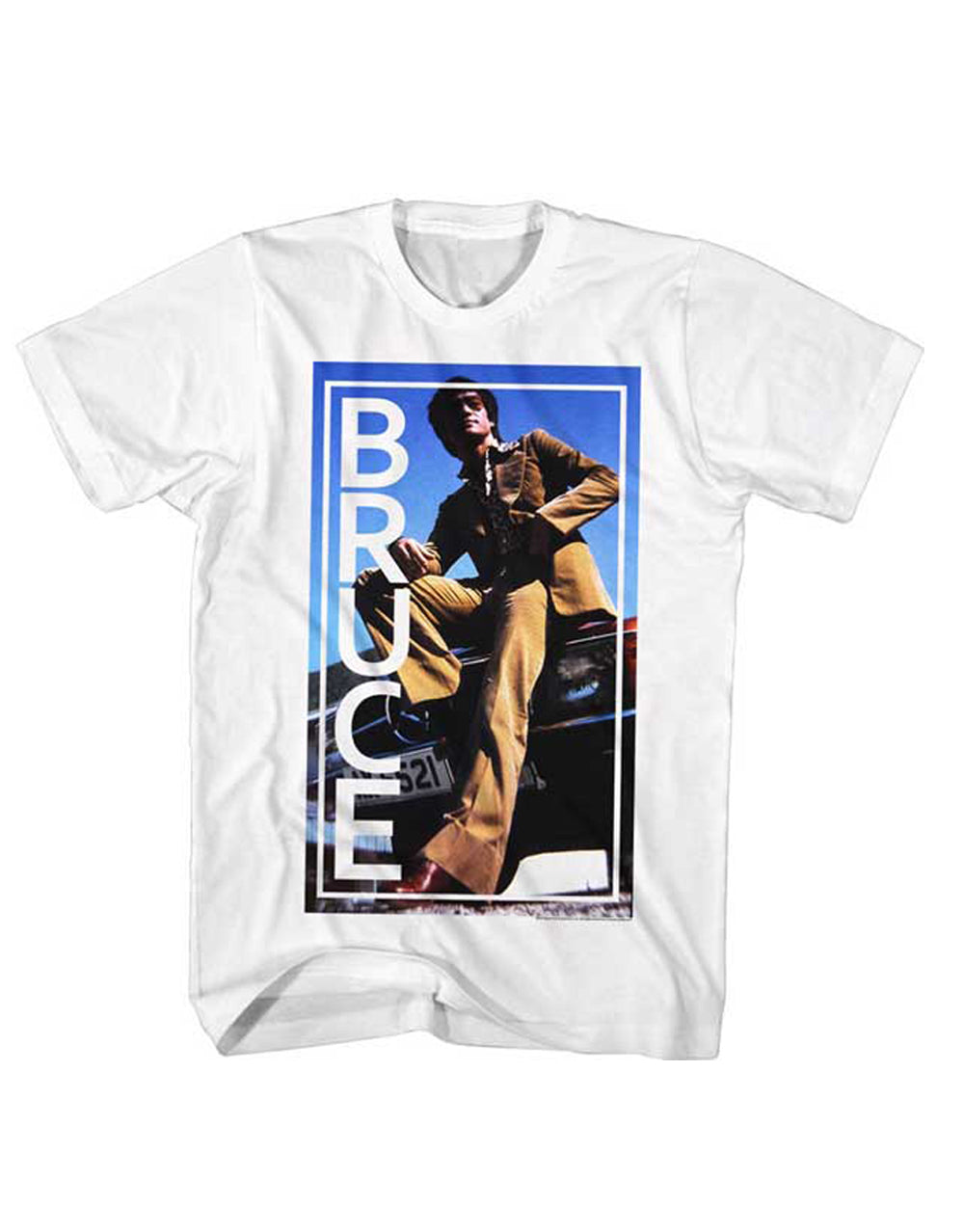 Bruce Lee sunglasses pose graphic on a white adult t-shirt.