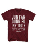 Bruce Lee jun fan gung fu institute graphic on a heathered cranberry adult t-shirt.