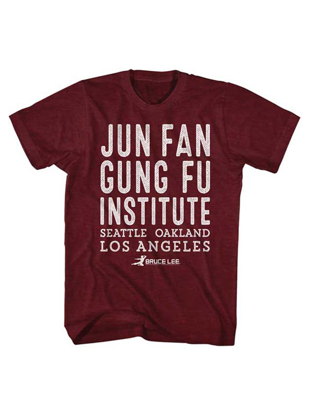 Bruce Lee jun fan gung fu institute graphic on a heathered cranberry adult t-shirt.