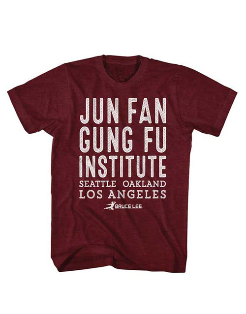 Bruce Lee jun fan gung fu institute graphic on a heathered cranberry adult t-shirt.
