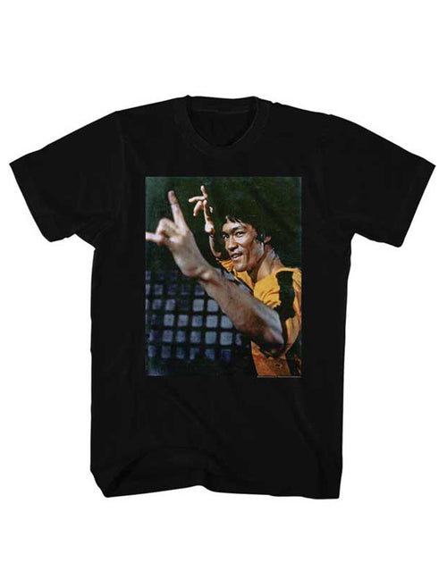 Bruce Lee game of death yeeaaah graphic on a black adult t-shirt.