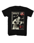 Bruce Lee training Los Angeles graphic on a black adult t-shirt.